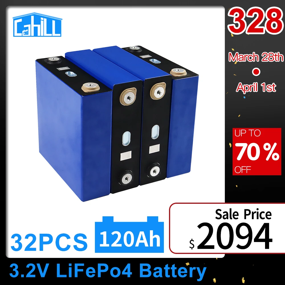 

Cahill Brand New Lifepo4 3.2V 120Ah 32PCS Rechargeable Battery Pack Grade A RV PV Solar Cells With Free Busbars EU US TAX FREE