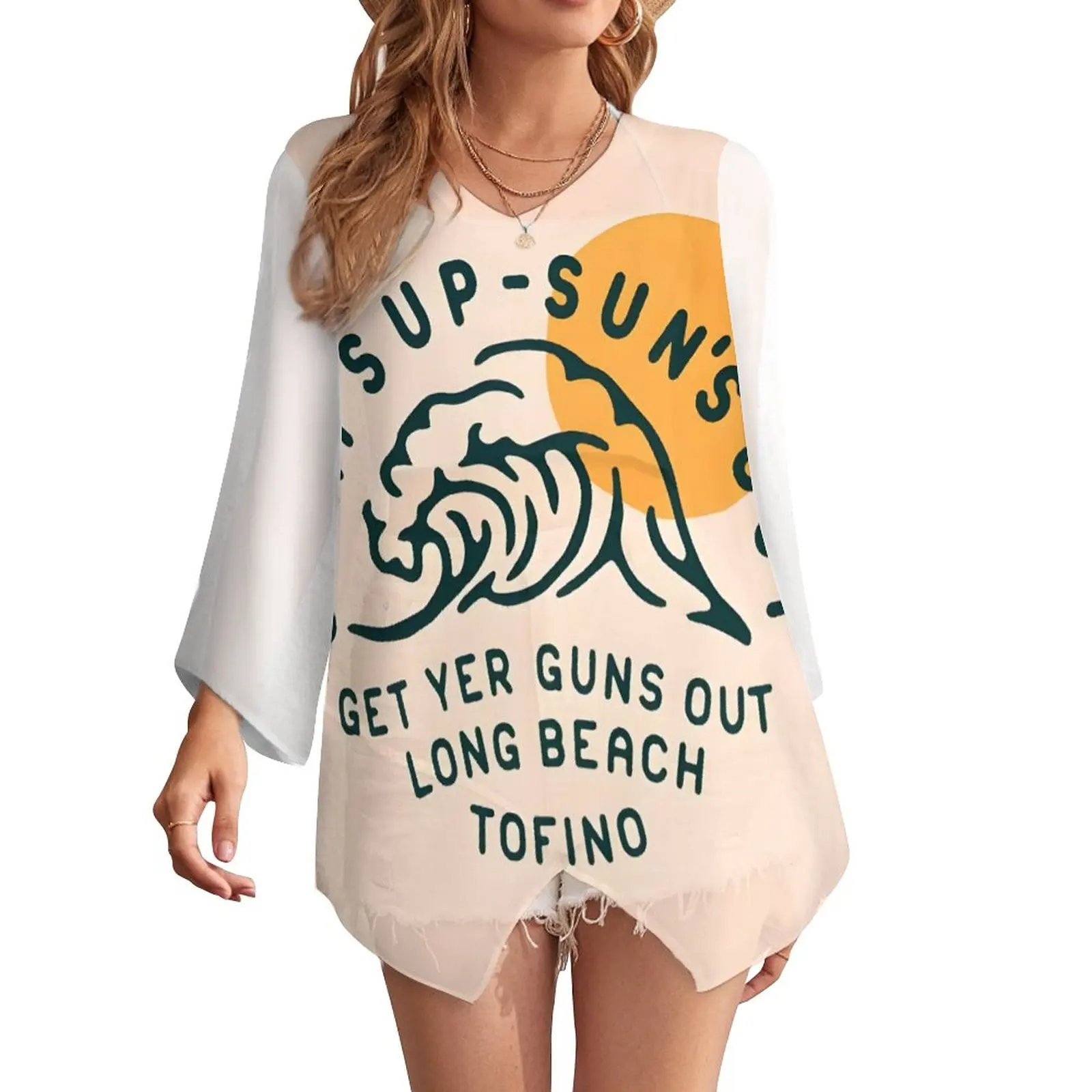 

Illustrated And Printed Women'S Sunscreen Long Sleeved Round Neck Chiffon Beach Wear With Casual And Elegant Style