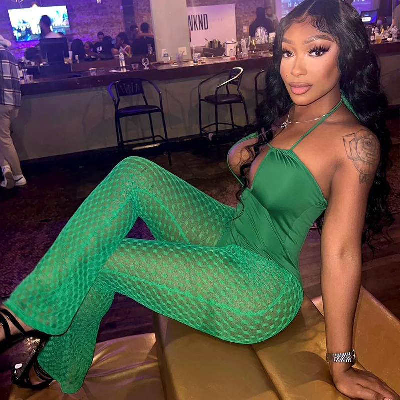 

Wishyear 2022 Summer Sexy Hollow Out Sleeveless Lace Up Halter Backless Flare Bodysuit Mom Jumpsuits Club Outfits Y2K Clothes