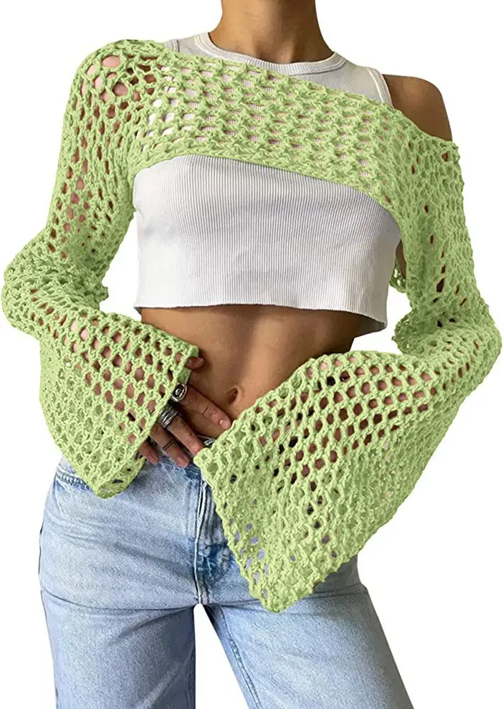 

Fashion Women Y2k Crochet Knit Hollow Out Crop Top New Long Flared Sleeve Shrug Sweater Mesh Cover Ups Cardigan Streetwear