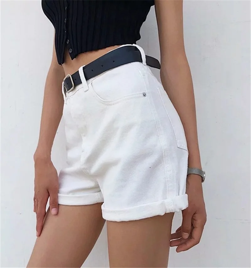 Women Vintage Sexy High Waist Khaki Denim Shorts Slim Fit Belt Shorts Summer All-Match Street Fashion New Zipper Pockets Bottoms