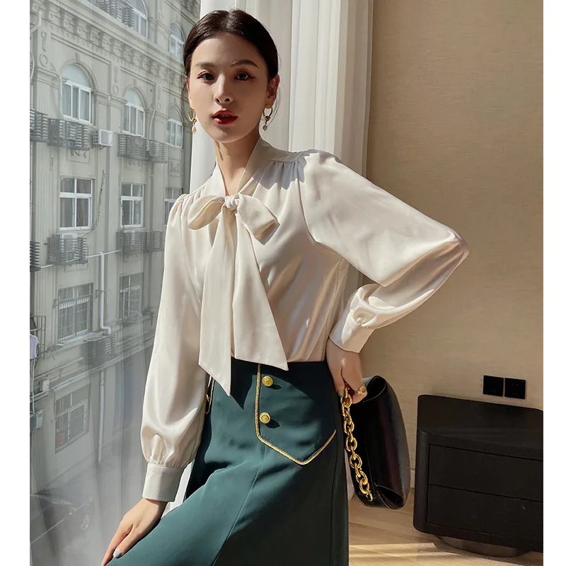 

Элегантная белая стильная рубашка с воротником, Женская Новинка 2022 на раннюю весну, атласная рубашка с длинным рукавом и бантом, длинная Офисная Женская рубашка