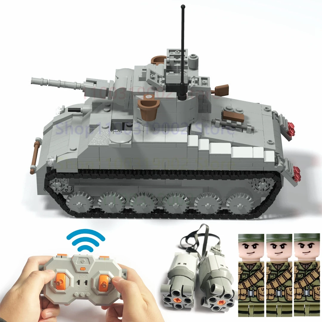 

Remote Control Toy Sherman M4 Medium Tank ww2 Military Weapons 3 Soldiers Building Blocks RC Tank M4A1 USB Charging Figures Gift