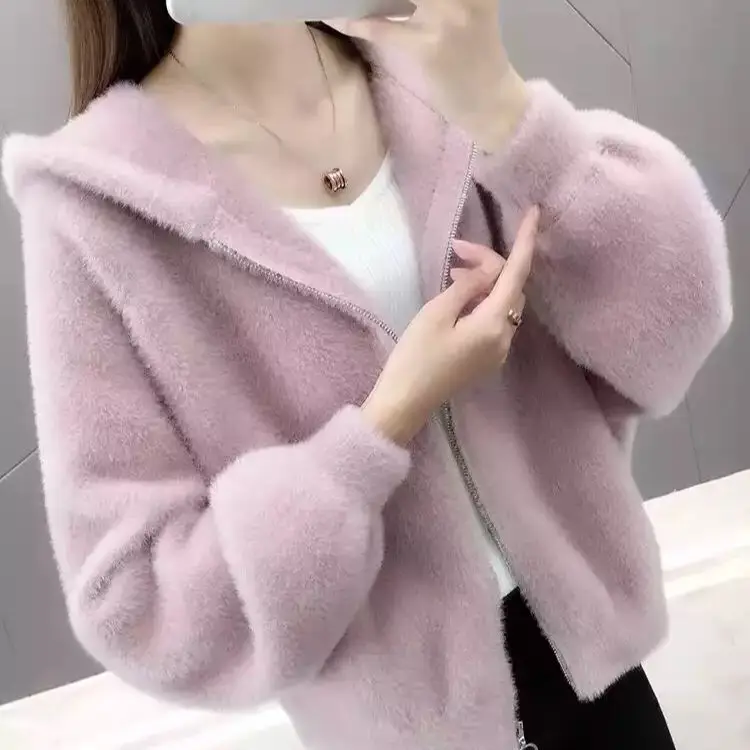 

Korean Style Hooded Mink Fleece Jacket Women Fashion Loose Long Sleeve Sweater Cardigan Female Casual Soft Knitted Coat N80