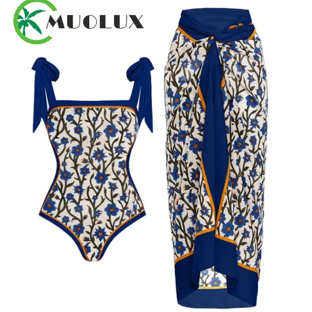 

MUOLUX 2023, сексуальный цельный женский купальник, юбка, винтажный Синий принт, купальник, накидка, летний купальный костюм, платье, монокини, пляжная одежда