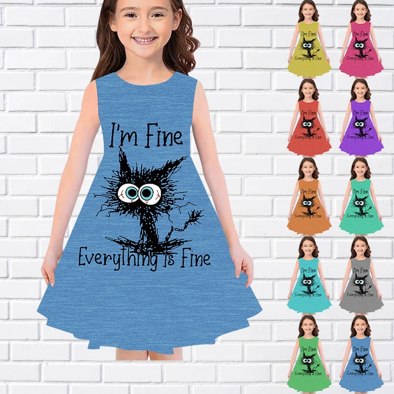 

2022 New Summer Little Girl Cute Cat Print Dress Fashion Round Collar Sleeveless Dress 80-180cm Knee-length Dress Comfort Skirt