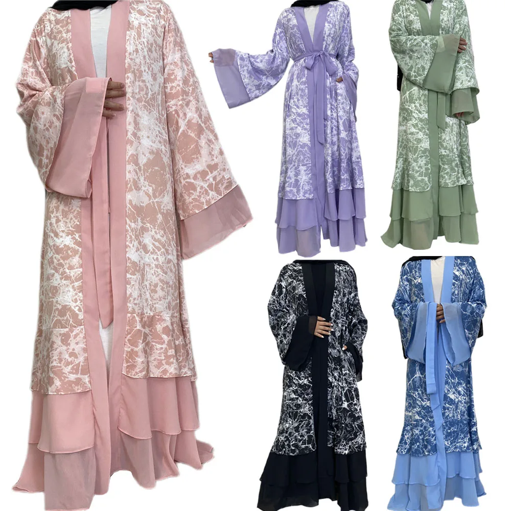 

Eid Mubarak Muslim Women Print Open Abaya Dress Turkey Ramadan Kimono Dubai Kaftan Arab Robe Belted Femme Jalabiya Islam Clothes