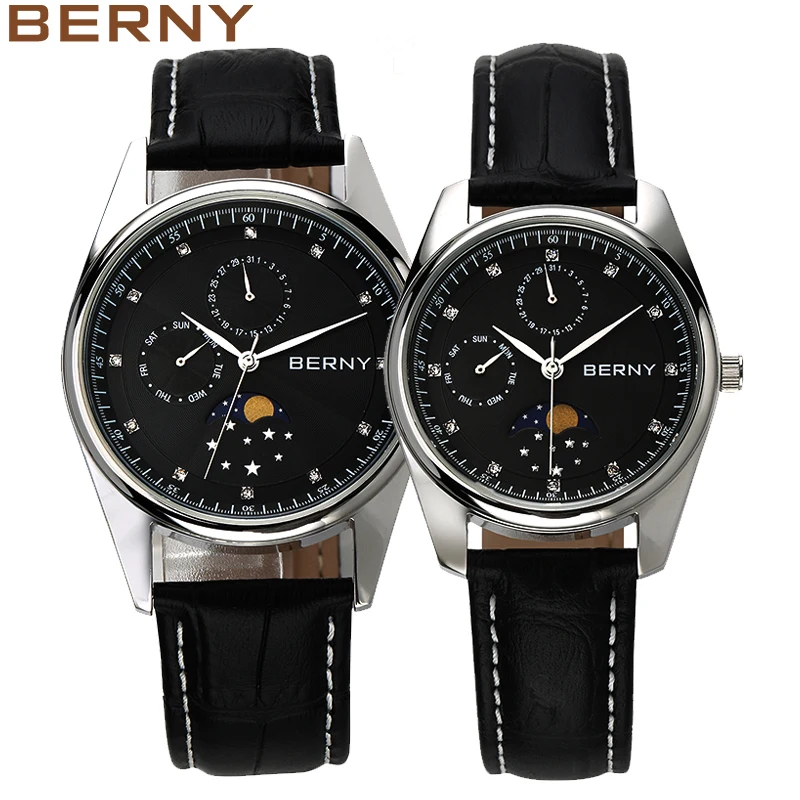 BERNY Gold MIYOTA Japan Quartz Wristwatch Moon Phase Couple Watch Day Date Genuine Leather Fashion Men Watch Calendar Waterproof