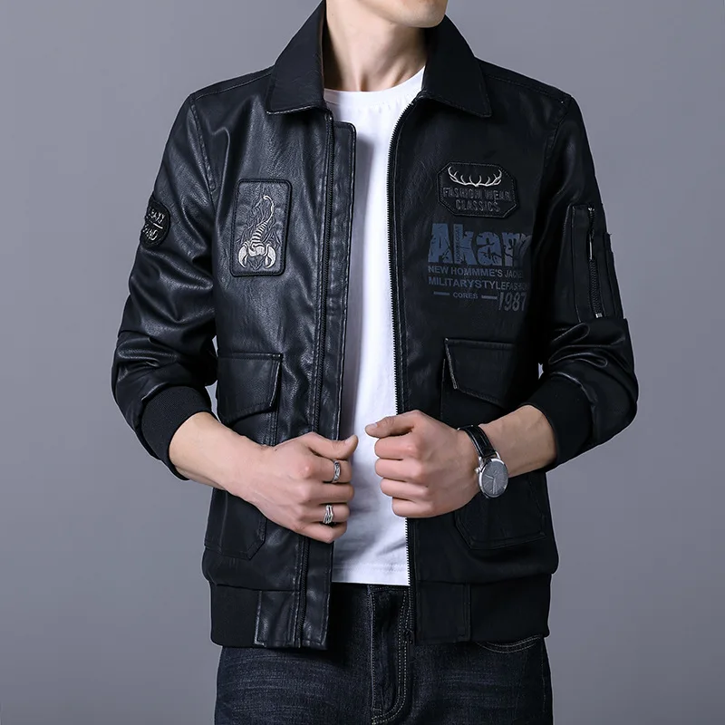 

Motorcycle Jacket Men's Fashion Scorpion Embroidery PU Leather Jacket Spring/autumn Korean Lapel Air Force Pilot Leather Jacket