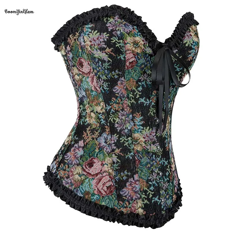 Черный винтажный корсет в стиле Ренессанс готическом с цветочной оборкой