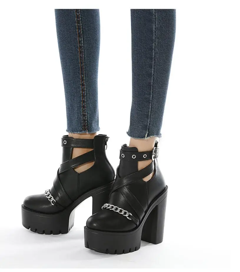 Autumn Winter Platform Boots For Women Sexy Round Toe Buckle Strap Pole Dance High Heels Pumps Fashion Sexy chain Black Shoes