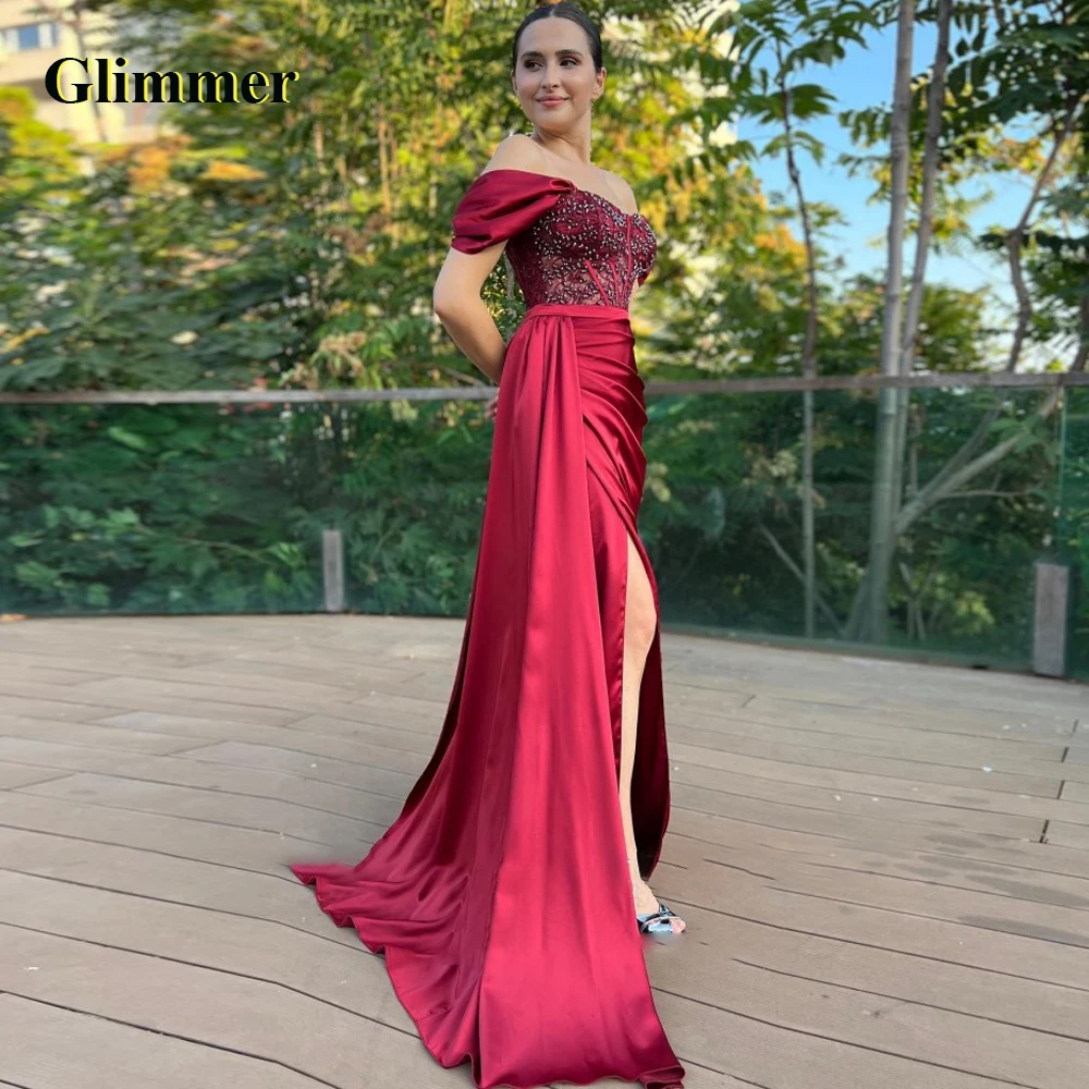 

Glimmer Charming Slit Evening Party For Women Trumpet Rhinestones Zipper Off The Shoulder Satin Robes De Soirée Personalised