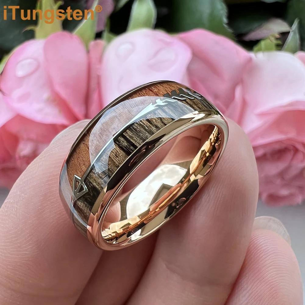 iTungsten 6mm 8mm Tungsten Carbide Ring for Men Women Engagement Wedding Band Fashion Jewelry Arrow Koa Wood Inlay Comfort Fit