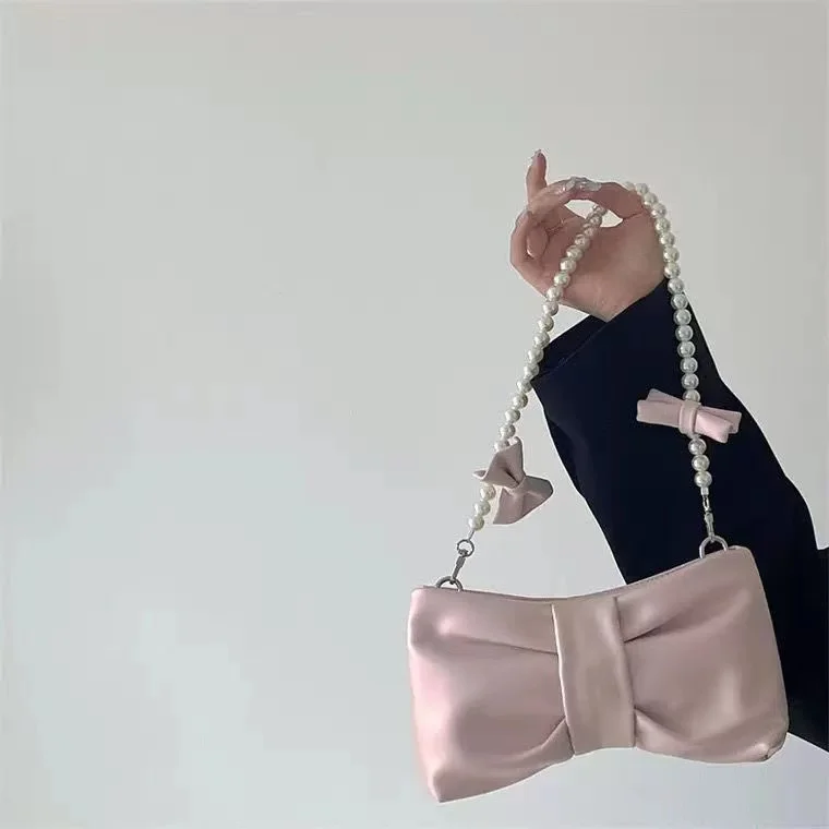 Girly Pearl Bow Cute Underarm Bag Fairy Women's Small Pink Shoulder Bag Soft PU Leather Female Pearlescent Clutch Purse Handbags