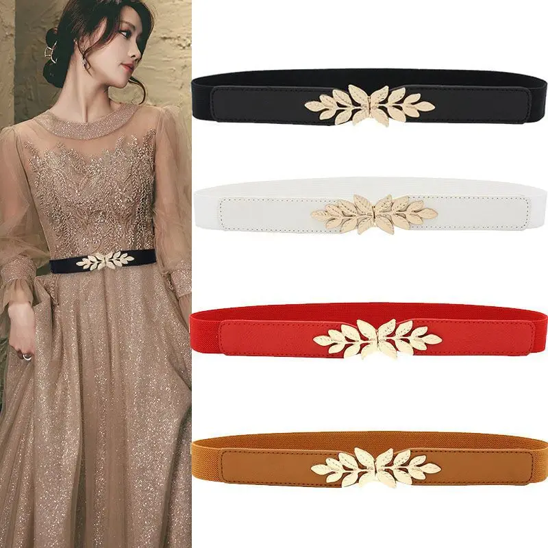 Simple elastic waist Seal Women's ornament with small leaf buckle and narrow belt