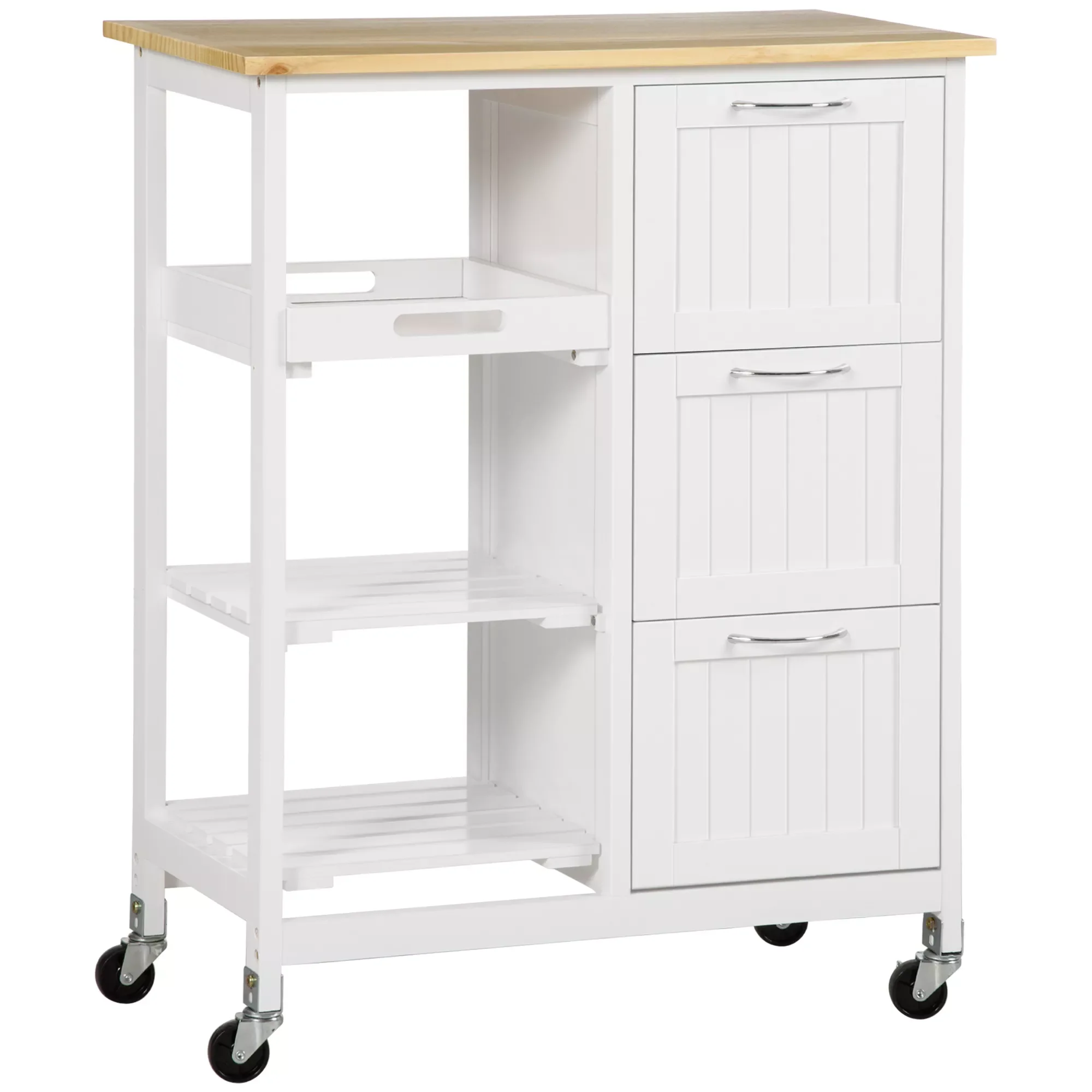 

HOMCOM kitchen trolley with wheels service cart with 3 drawers 2 open shelves and removable dining tray lounge load 40 kg 67x37x