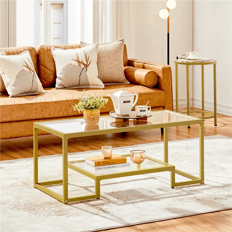 

Modern Tempered Glass Coffee Table with Metal Frame for Living Room, Gold
