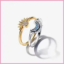 New 925 Sterling Silver Sparkling Celestial Sun & Blue Moon Ring Set Engagement Lovers Luxury Women Jewelry 2023 Hot Gift Unisex