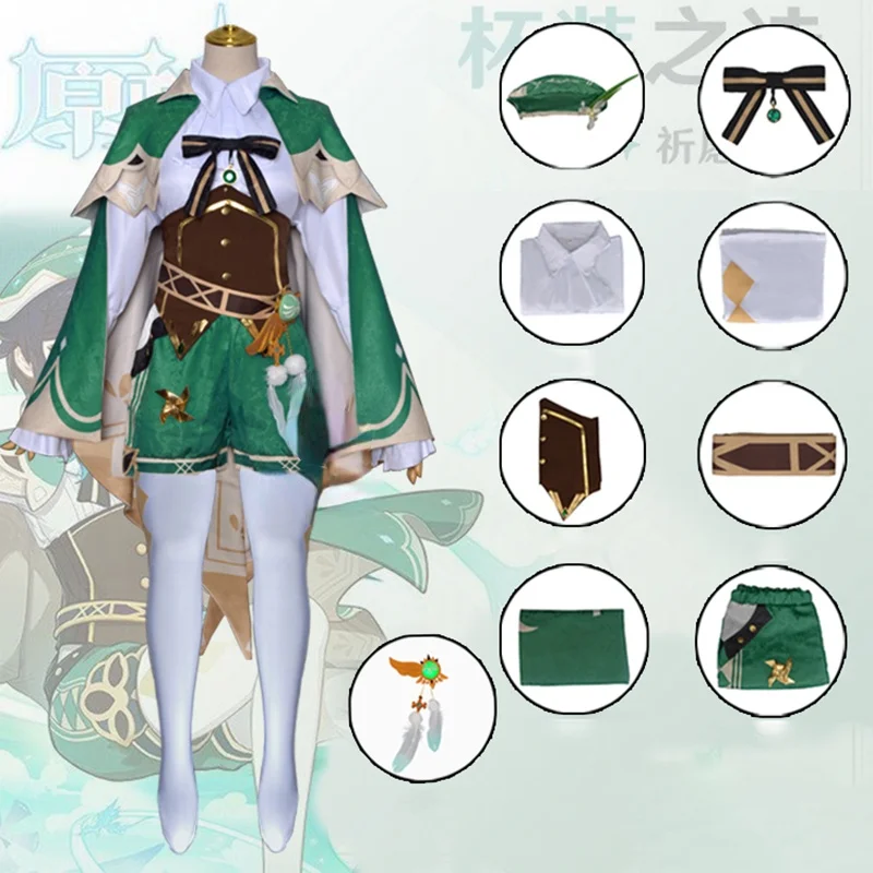 

2020 New Game Genshin Impact Venti Cosplay Costume Anime Project VENTI Cosplay Wigs Women's Cape Shirt Pants Accessories Set