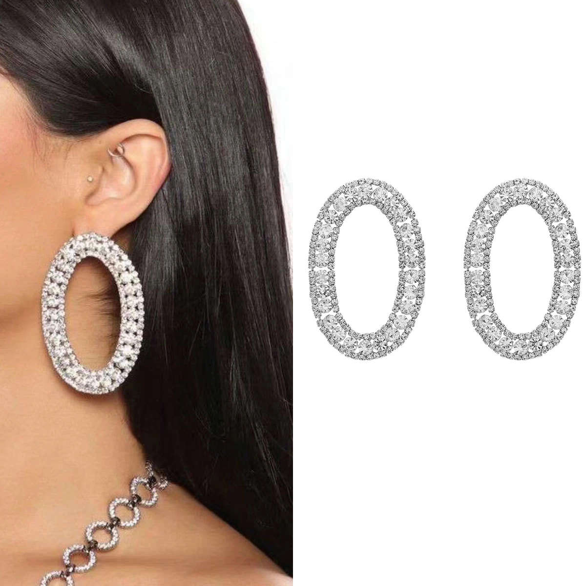 

Tassel Geometric Crystal Dangle Earrings For Women Vintage Hyperbole Full Rhinestone Drop Earrings Fashion Jewelry