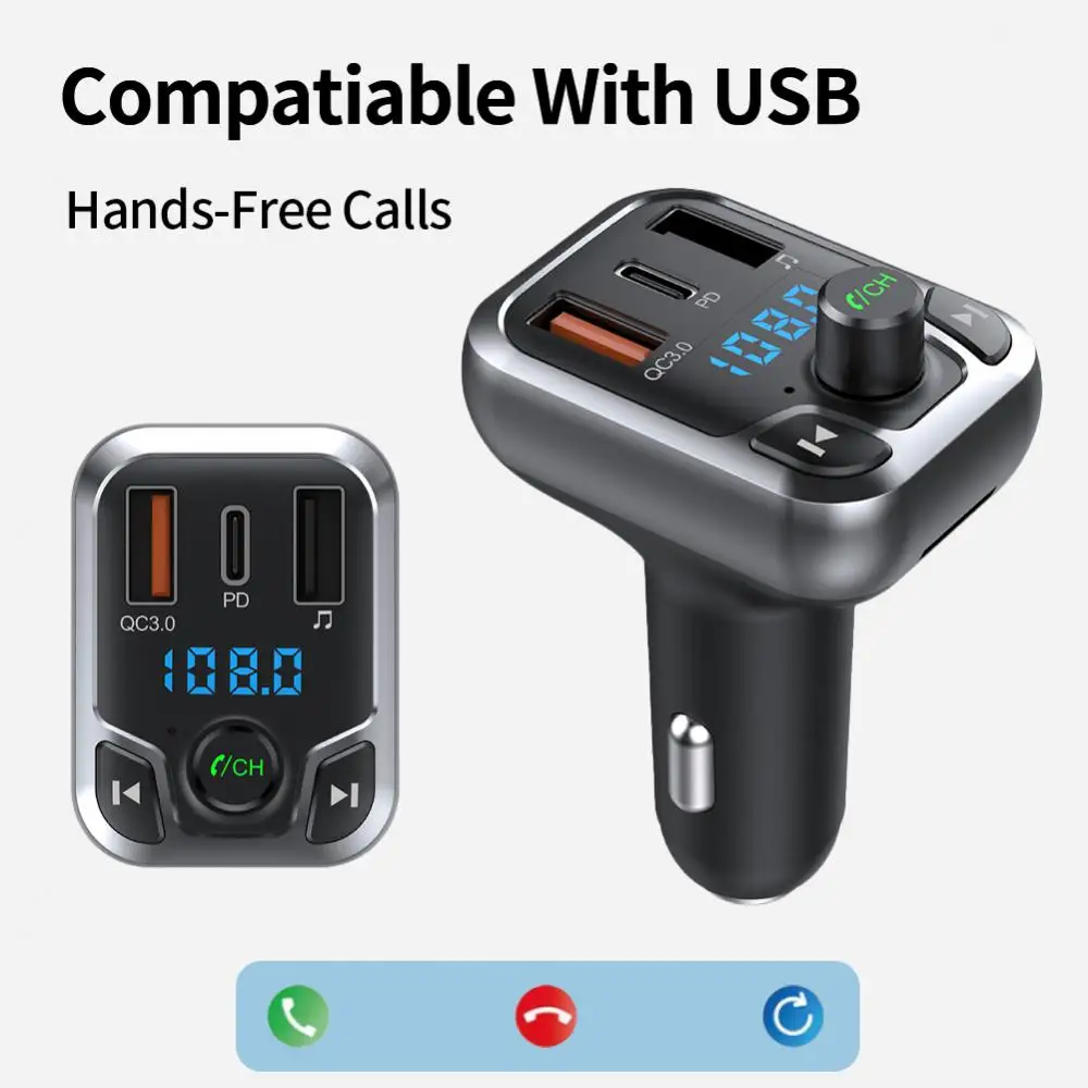 

Автомобильный FM-передатчик Bluetooth 5,0, зарядное устройство с двумя USB-портами, беспроводной автомобильный комплект громкой связи, FM-адаптер, по...