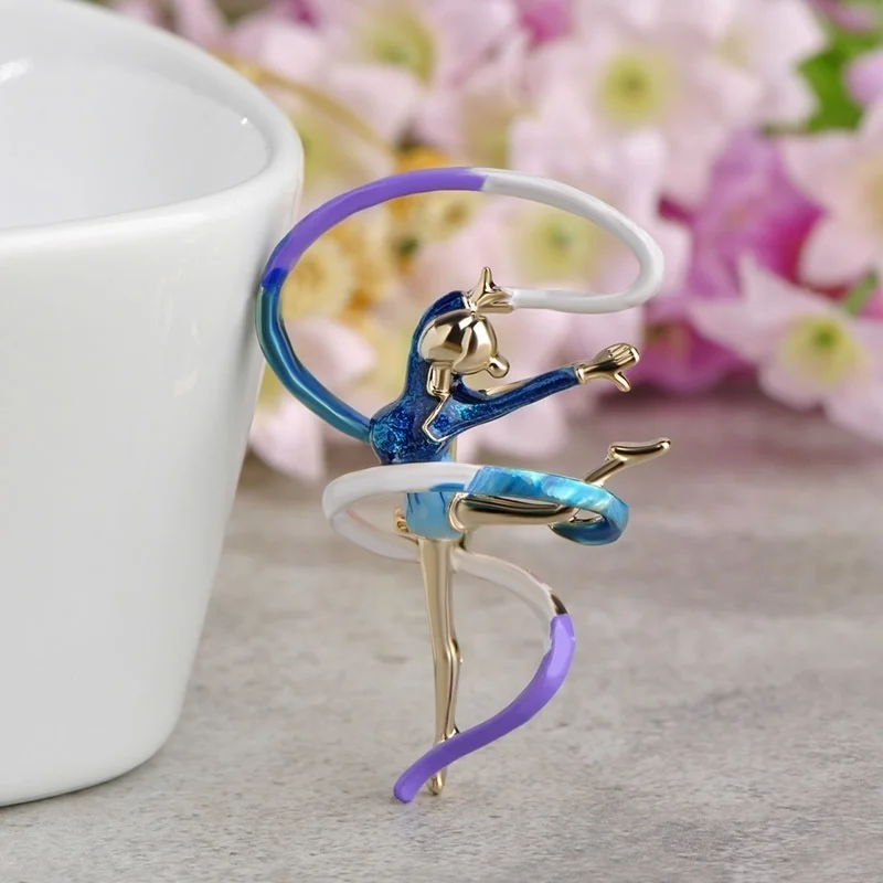 

Sports Gymnastics Whirling Girls Ribbon Brooch Clothes Accessories Gold-color Enamel Brooches Lady Women Jewelry Pins