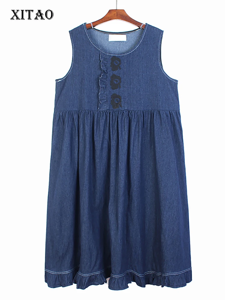 

XITAO Embroidery Denim Vest Dress Loose Fashion Casual Simplicity Temperament O-neck Collar Sleeveless Pullover Dress WLD9346