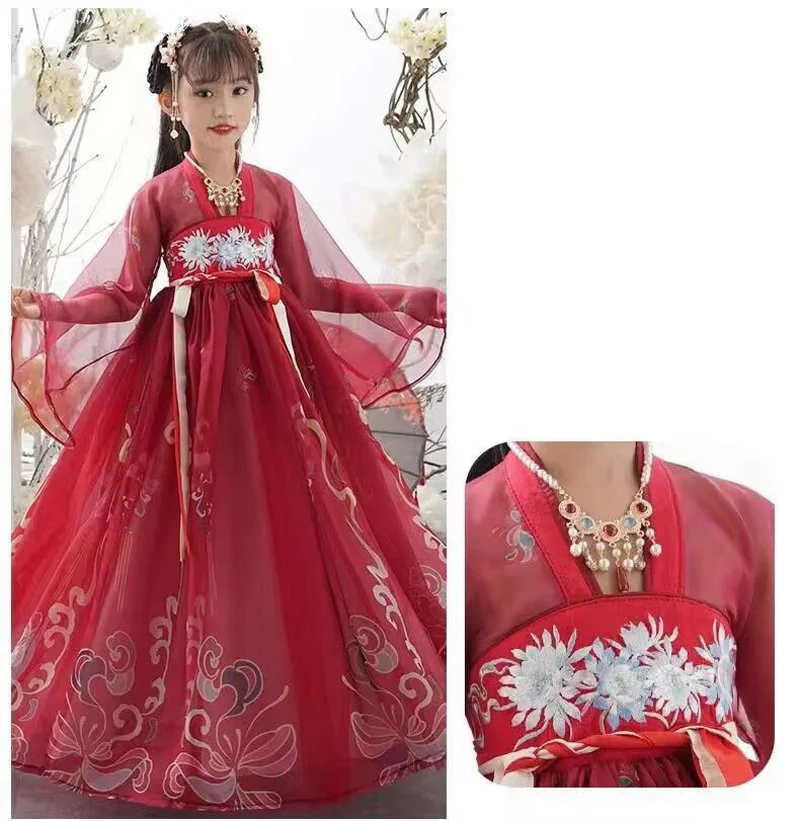 Китайское красное Повседневное платье Hanfu для девочек