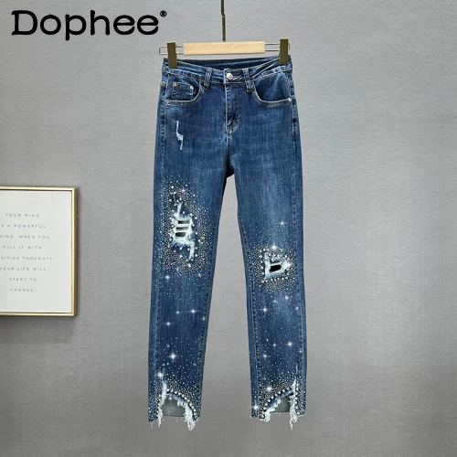 

Exquisite Rhinestone Ripped Jeans for Women 2022 Trendy Summer New High Waist Slimming Skinny Stretch Denim Pants Dark Blue