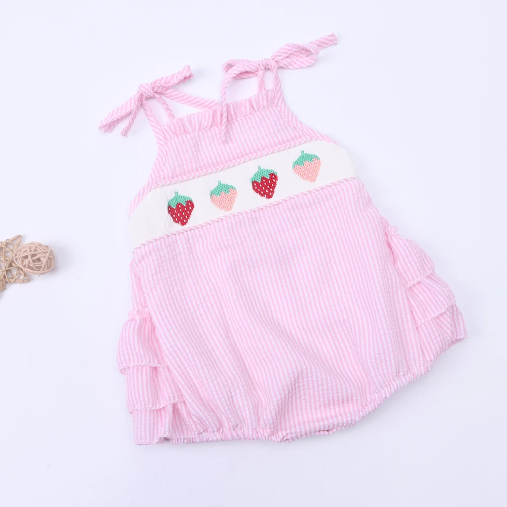 

1-8T Newly Pink Girl Smocked Princess Dress Clothes With Pattern Strawberries Hand Embroidery Summer Sleeveless One-piece Skirts