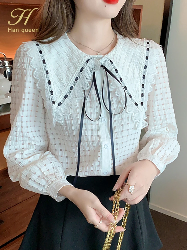 

H Han Queen Fashion Lace Stitching Vintage Office Chiffon Blouse Female Shirt Simple Tops Long Sleeve Casual Women Loose Blouses