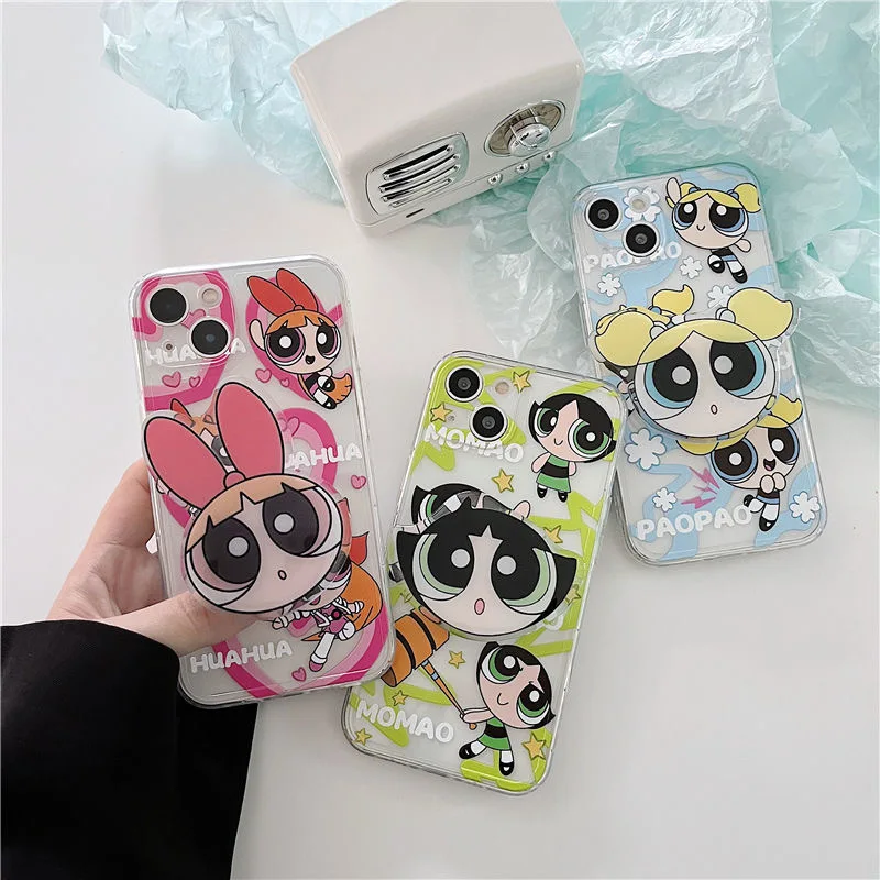 

3D Cartoon Powerpuffs Girls Stand Phone Case For iPhone 11 Pro Max 12 Pro Max X XS XR 7 8 Plus SE 2020 Soft Transparent Cover