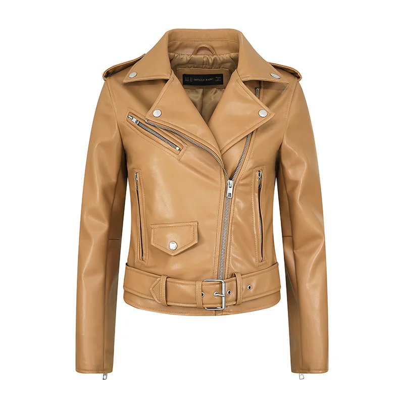 

Spring Autumn Women Faux Leather Jacket Ladies Solid With Belt Zipper Biker Female Casual Outwear Bomber Coat