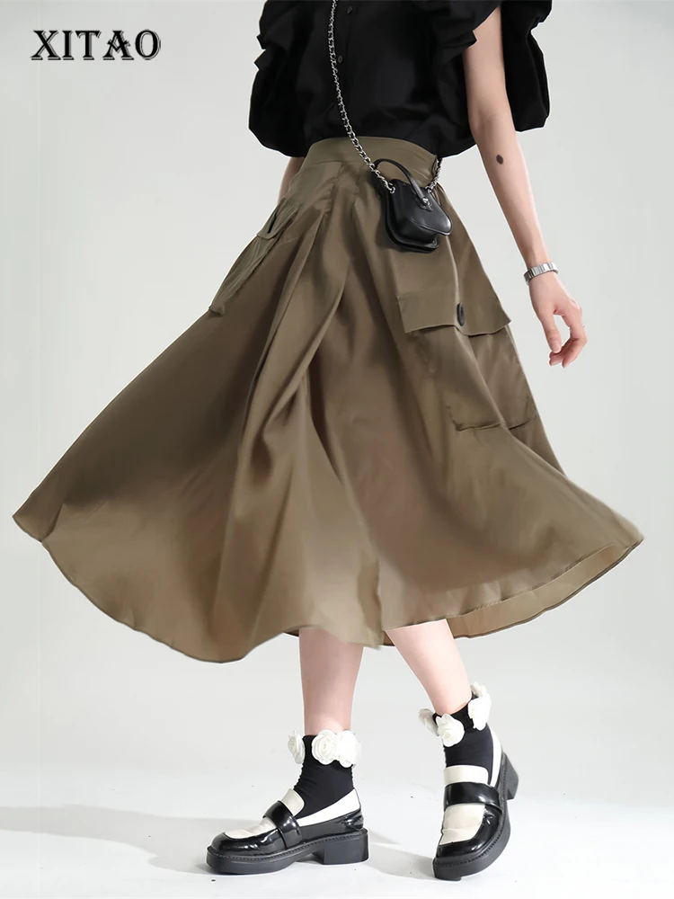 

XITAO Асимметричная юбка однотонная Повседневная модная Свободная юбка трапециевидной формы с простыми карманами Новинка 2022, темпераментная...