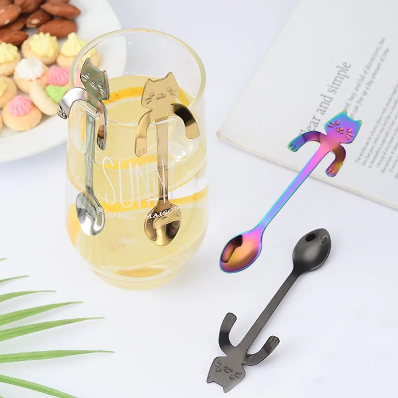 

304 Stainless Steel Coffee Spoon Cute Cat Hanging Teaspoon Dessert Snack Scoop Ice Cream Creative Spoons Kitchen Tableware