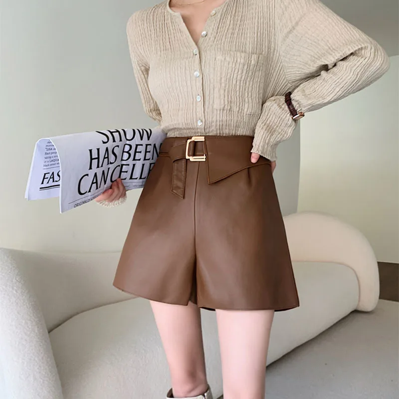 Wide Leg Sheepskin Leather Trousers Women's Spring Casual Solid High Waist Irregular Belt Side Pockets Genuine Leather Shorts