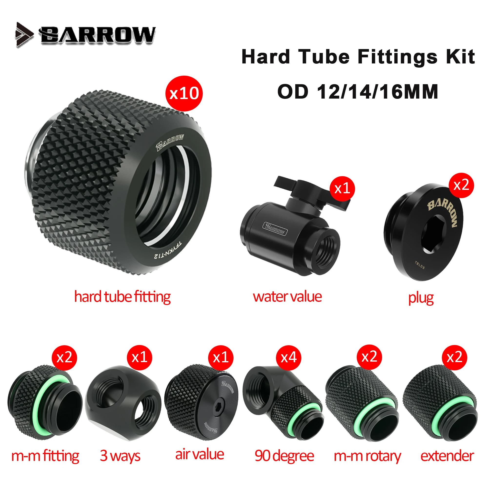 Barrow Hard Tube Fitting Kit for OD12/14/16mm Hard Tube, Water Valve + Plug + 90 DegreeConnector for Computer Accessories Water