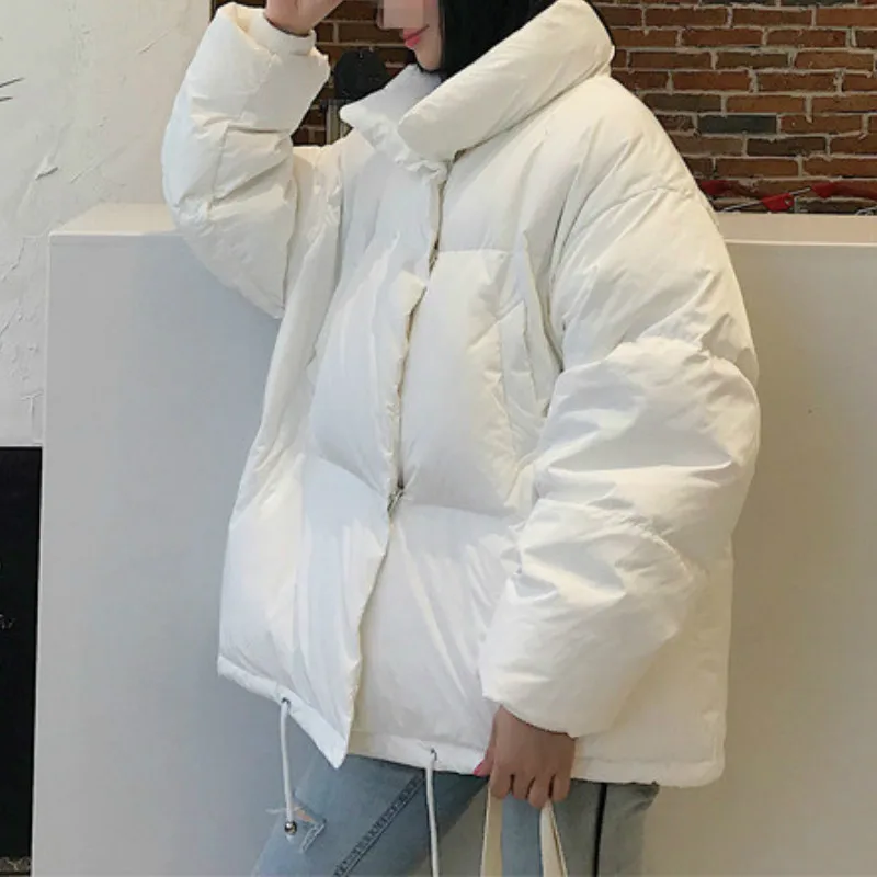 Winter Women Collar Solid Jacket Female Casual Down Warmth Coat Loose Oversized Fashion Womens Korean Style Zipper Short Parka