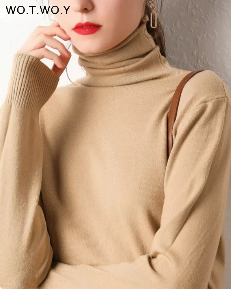 

WOTWOY Autumn Winter Basic Knitted Turleneck Sweater Women Slim Fit Long Sleeve Cashmere Sweaters Women White Pink Pull Femme