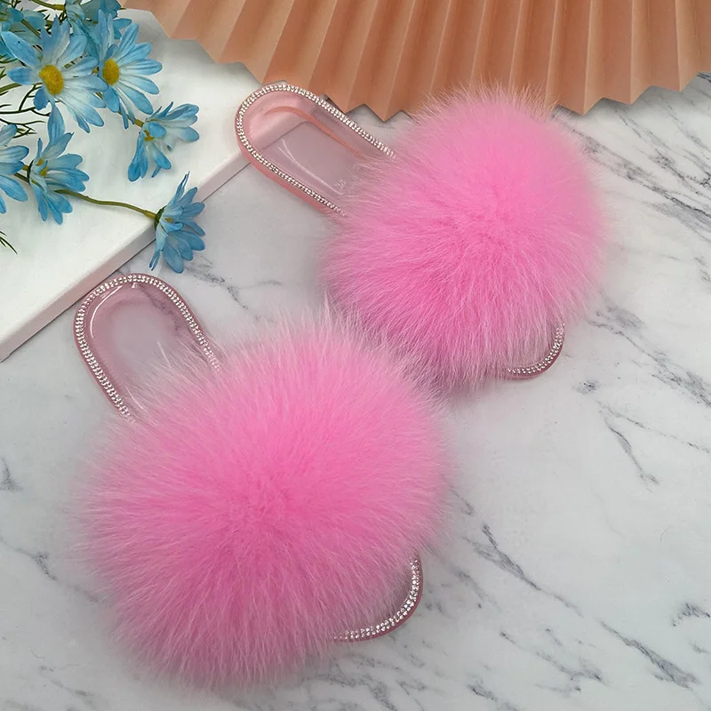 Jelly Flat Slippers Sandals Natural Raccoon Fur Fluffy Crystal Summer Ladies Beach Fur Slippers Slides Free Shipping 2022