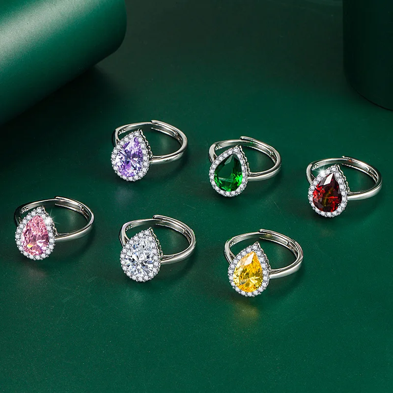 

European and American Fashion Water Drop Ruby Ring Pear-shaped Emerald Ring Multi-color Baohuokou Amethyst Diamond Ring Female