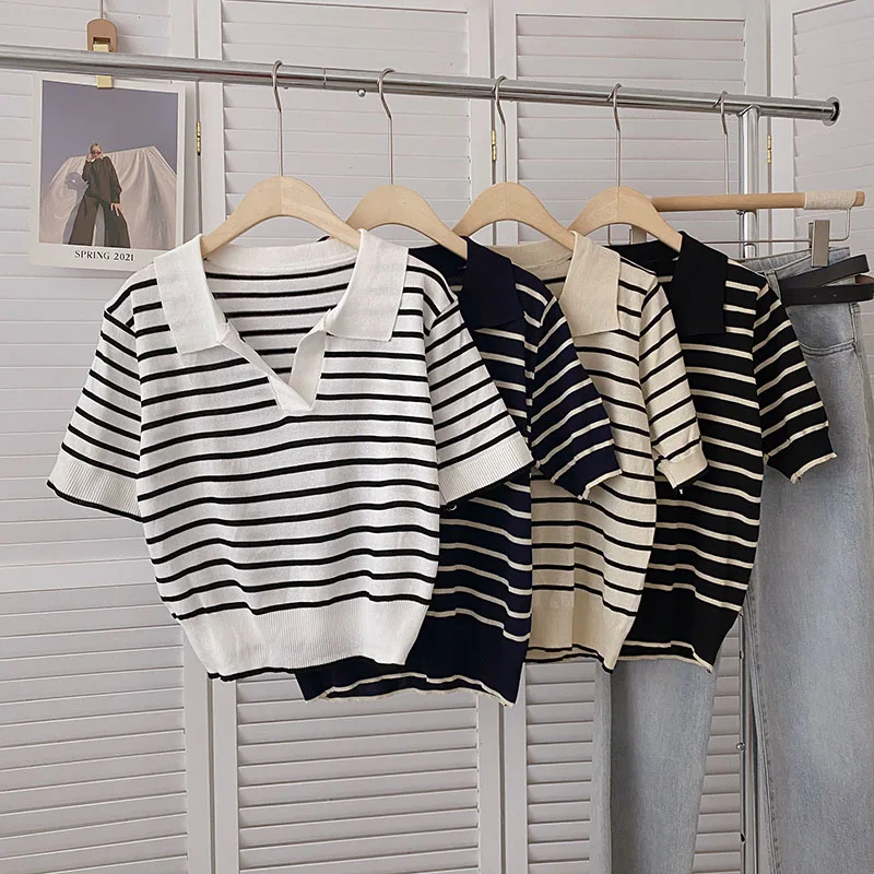 

Preppy Casual Blouses For Women Patchwork Striped Polo Collar Short Sleeve Tops Korean Fashion Shirts Woman Blusas Dropshipping