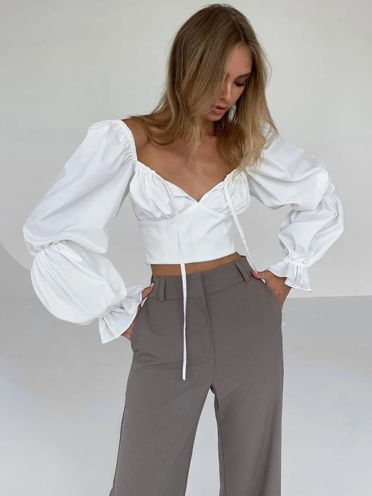 

Женская блузка с квадратным вырезом, элегантная Весенняя белая блузка с оборками и пышными рукавами, пикантный укороченный топ с открытой спиной для вечеринок