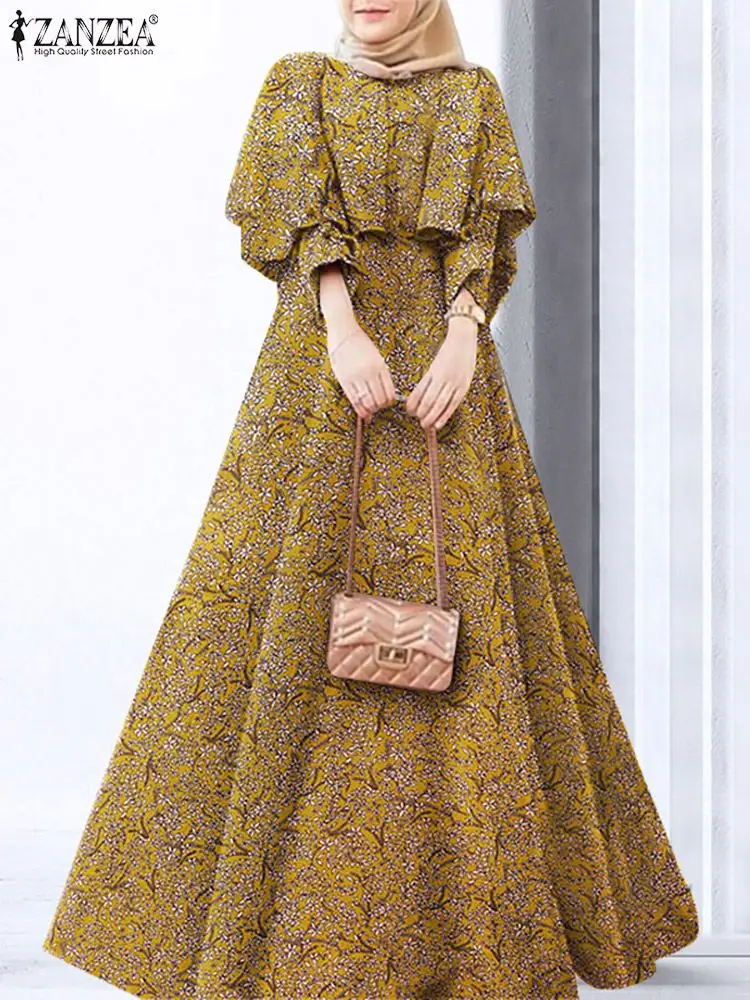

ZANZEA Women Spring Floral Print Muslim Dress Full Sleeve O-Neck Long Robe Bohemian Vintage Oversized Kaftan Abaya Dubai Dresses