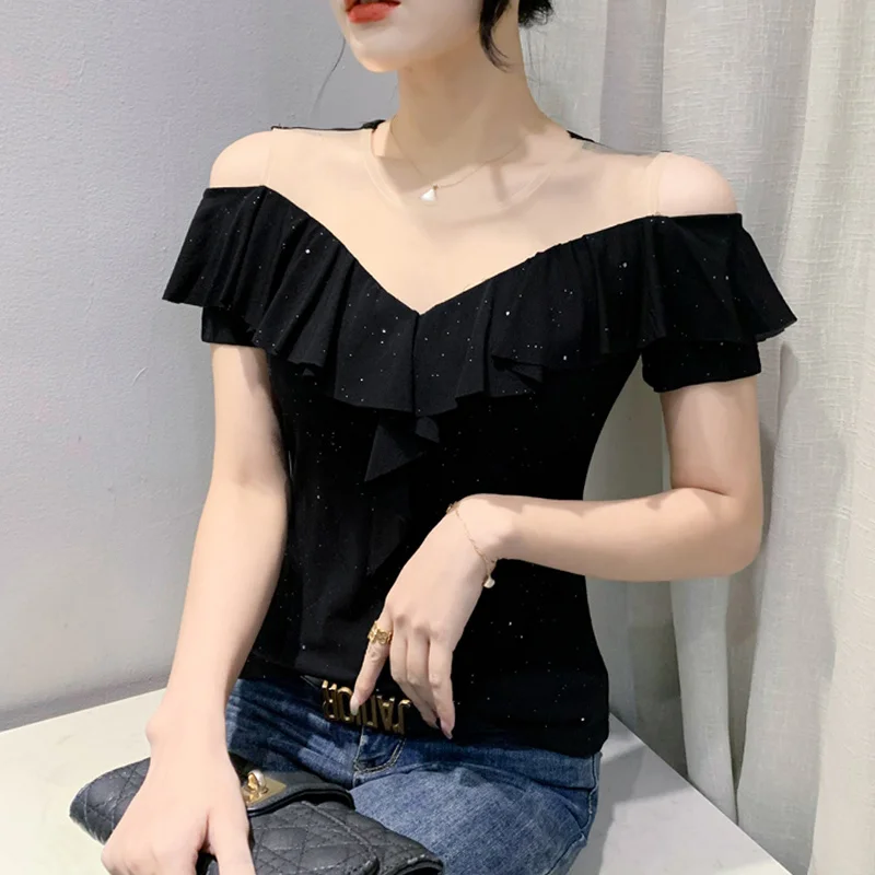 

#6163 Summer Mesh T Shirt Women Spliced Ruffles Off Shoulder T Shirt Female Sexy Tight Short Streetwear Tshirt Thin Elastic
