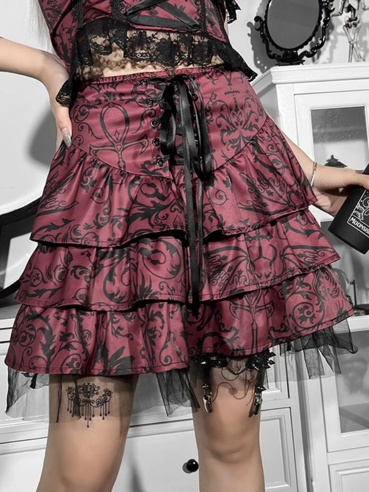 

Gothic Y2K Bandage Lolita Ball Gown Skirt Women Vintage Lace Summer Sexy Red Mini Skirt Aesthetic Party High Waist Skirt