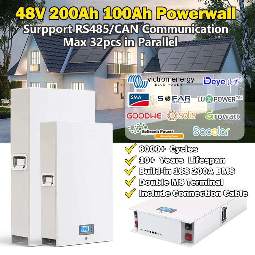

48V Powerwall LiFePO4 200Ah 100Ah 51.2V 10KWh Wandmontage Batterij Pack Met 16S Bms RS485 Kan 6000 + Cycli Voor Energie Storag