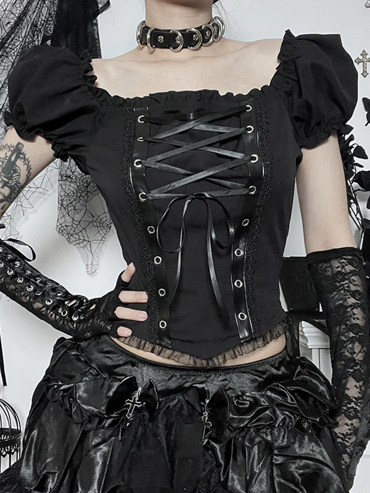 Винтажные топы женские облегающие бандажные черные футболки с агарическими