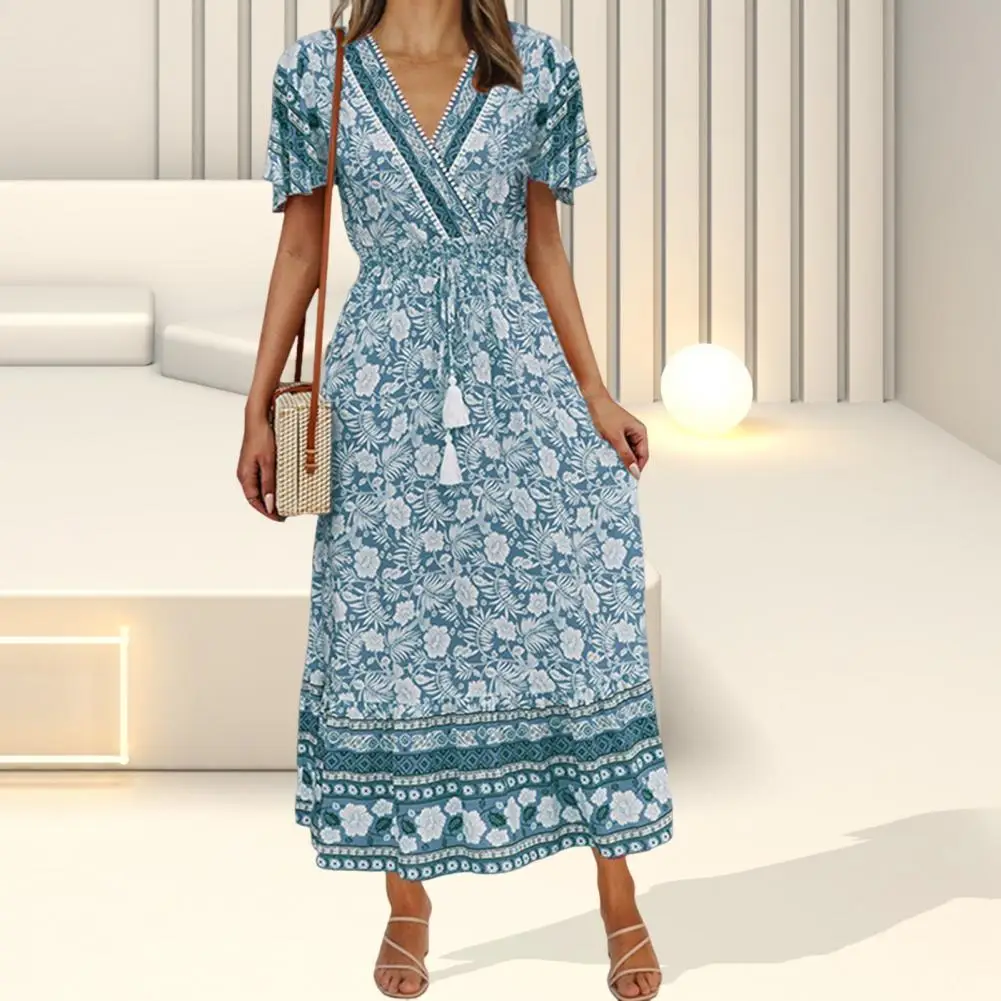 

Elegant Lady Long Dress V Neck Short Sleeve Print High Waist Bohemia Beach Dress vestidos robe femme платье женское летнее