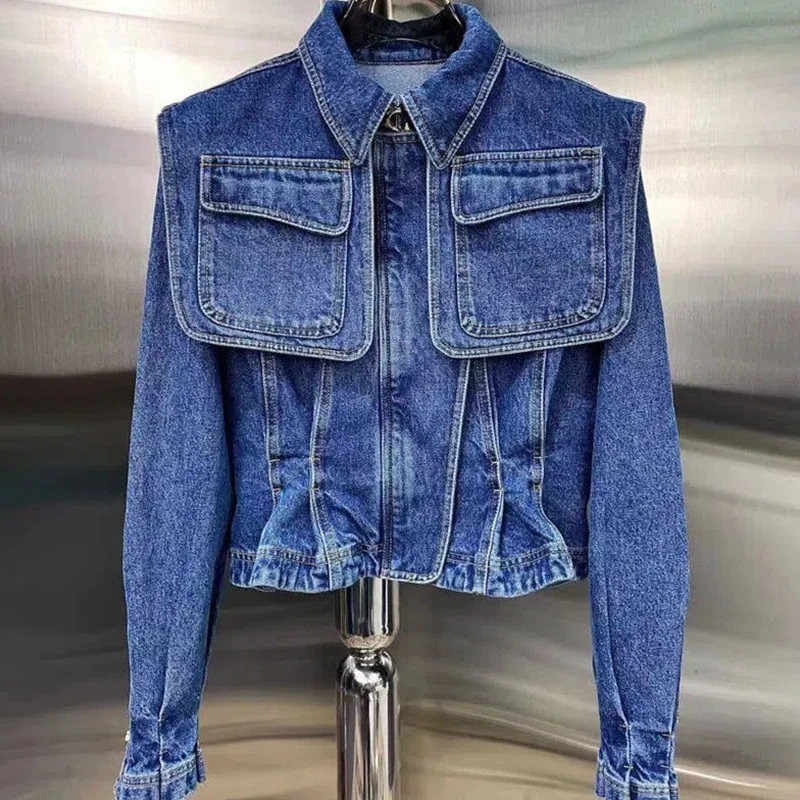 

Fashion Slim Waist Short Jean Jacket Elegant Long Sleeve Turn-down Collar Cowboy 2022 Woman Demin Outwear 6N686